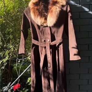 Fur Collar Coat stunning brown vintage suede trench coat W8